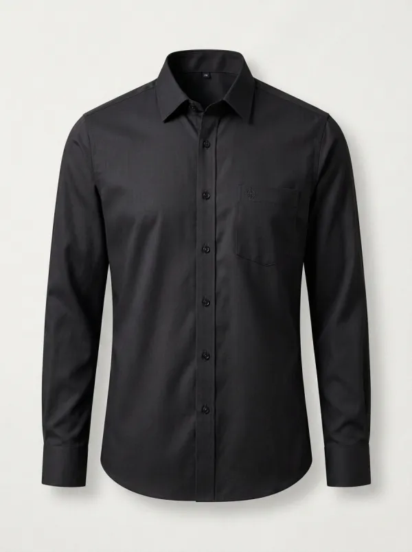 Men's Non-Iron Cotton Grey Logo Embroidered Long Sleeve Shirt
