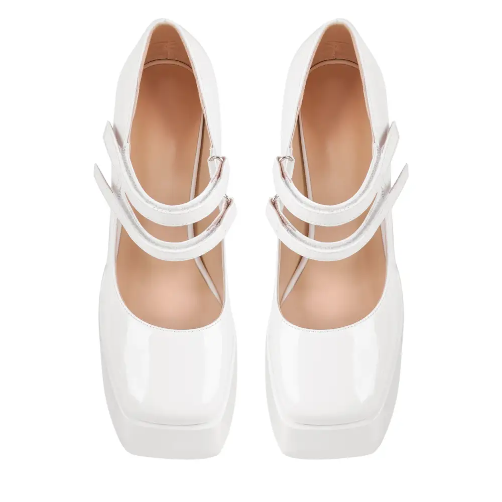 Modern Patent Finish Square Toe Platform Chunky Heel Pumps