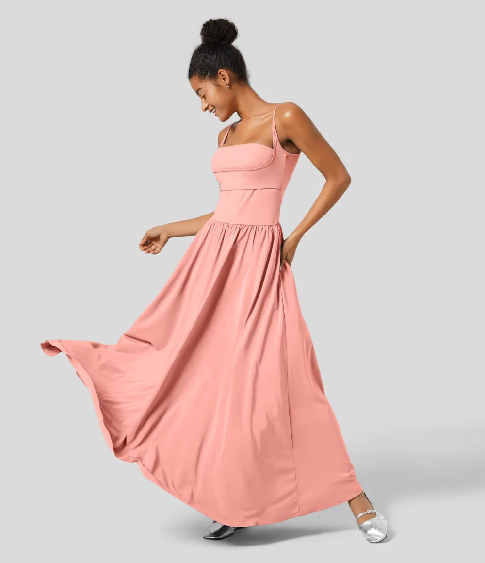 Breezeful Backless Side Pocket Plicated Flowy Flare Maxi Quick Dry Casual Slip Dress