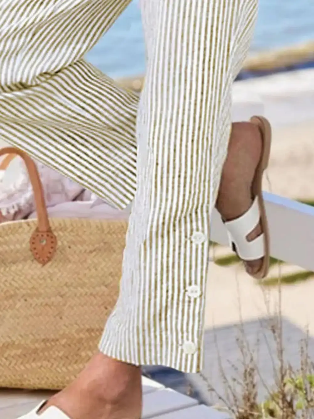 Striped Button Detail Pocketed Casual Pants
