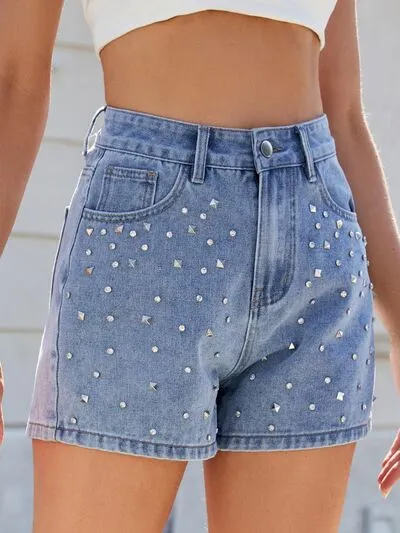 Rhinestone Washed High Waist Shorts Denim Pants