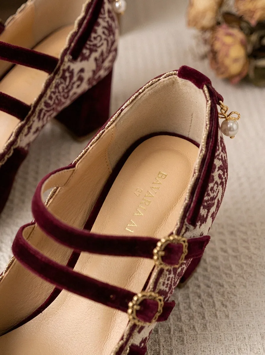 Mary Jane Pearl Floral Velvet Women's Bavarian Occasion Heels