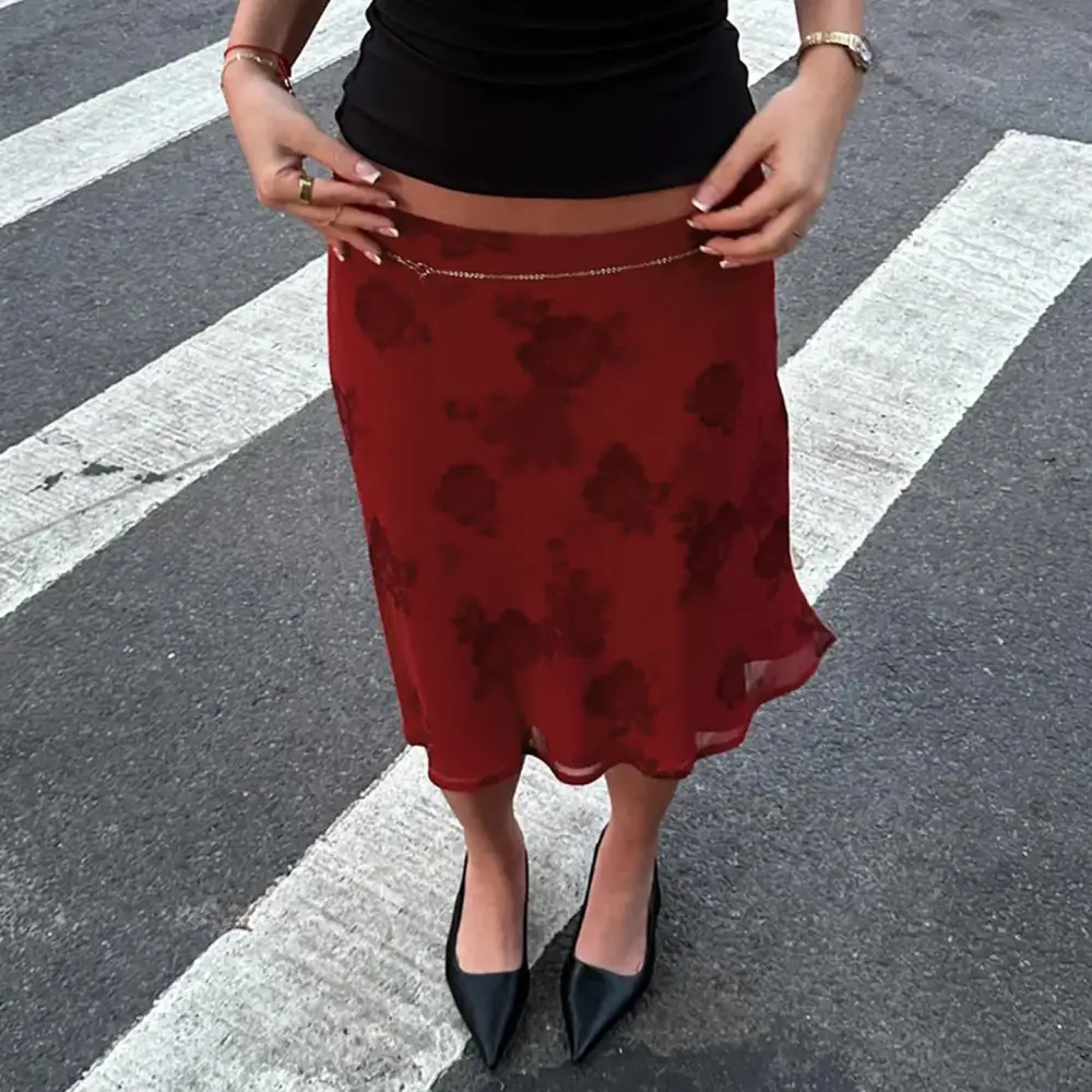 Midi Mesh Low-Waist Floral Skirt