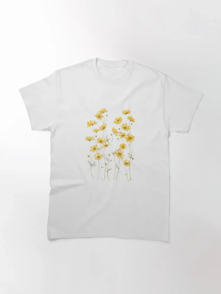 Lady's yellow floral pattern printed round-neck short-sleeved T-shirt