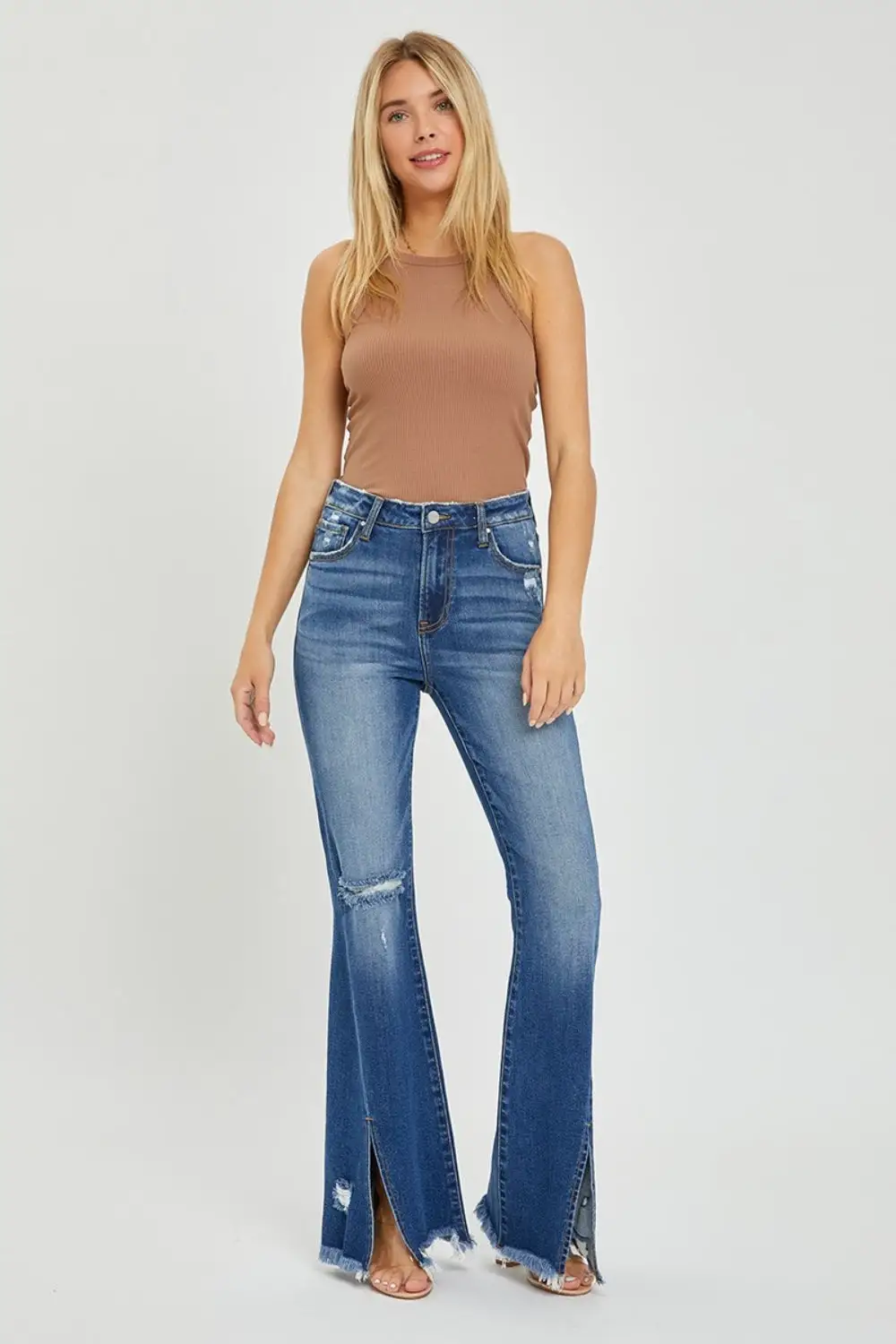 High Waist Flare Leg Frayed Denim Jeans