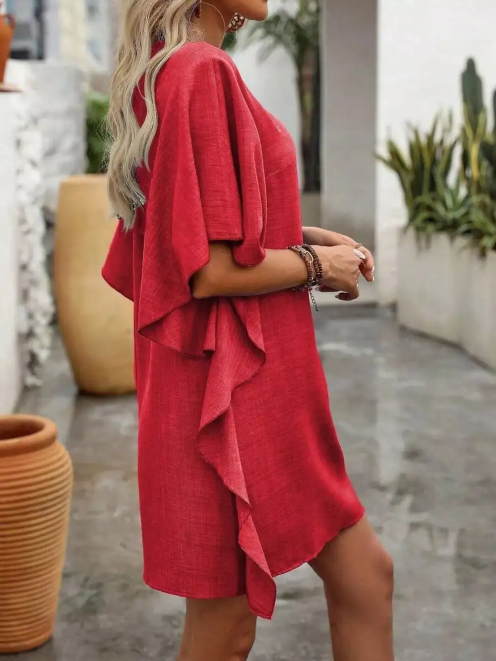 V Neck Ruffle Flutter Sleeve Mini Dress