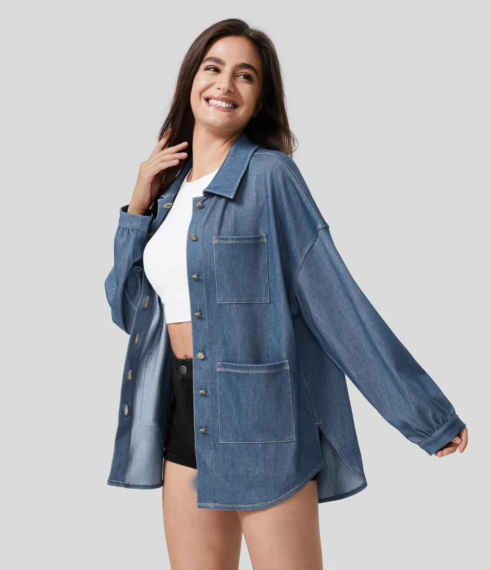 Magic Collared Multiple Pockets Button Front Split Curved Hem Stretchy Knit Denim Work Oversize Jacket