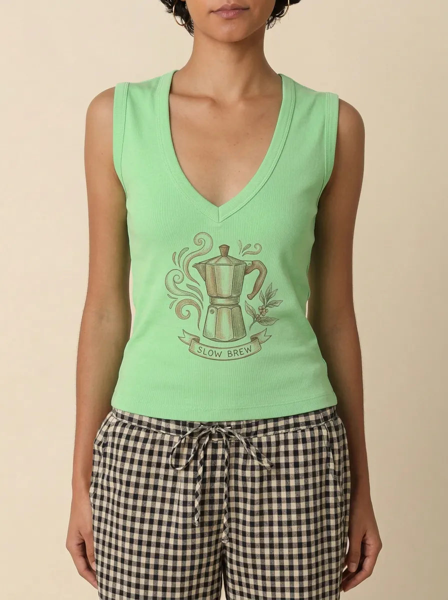 Women's Coffee-Inspired Moka Pot Slow Brew Printed Tank Top