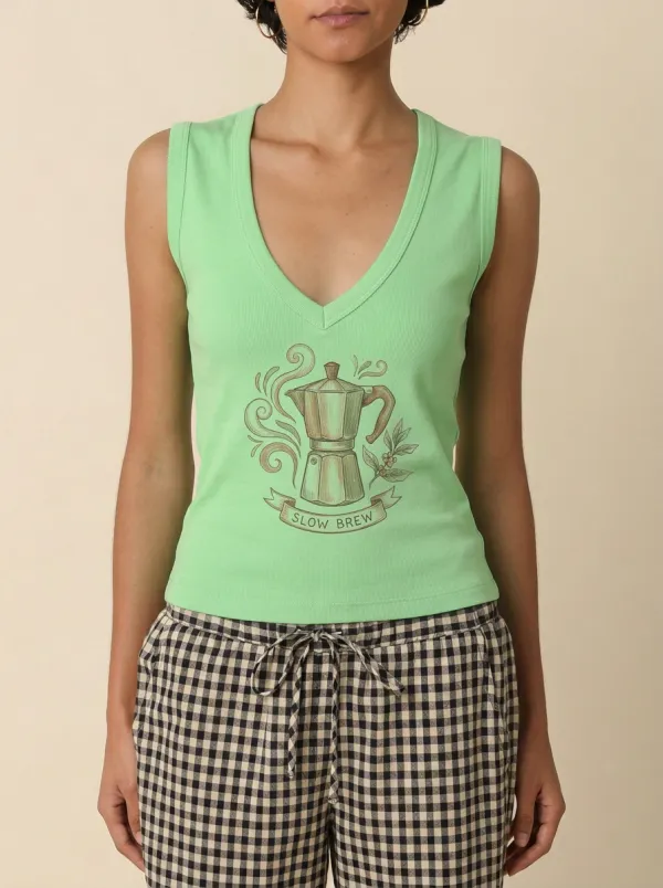 Women's Coffee-Inspired Moka Pot Slow Brew Printed Tank Top
