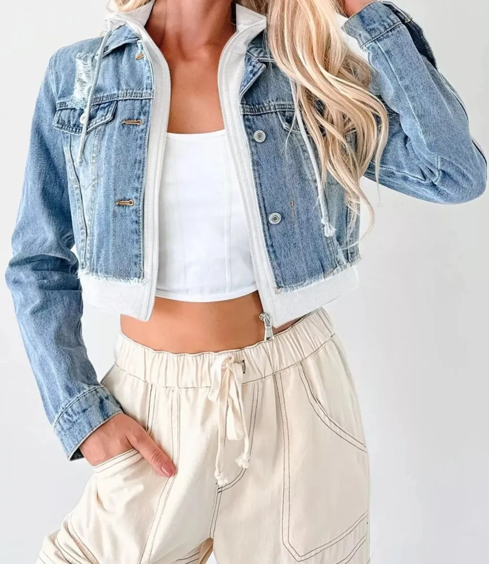 Distressed Zip Up Cropped Hooded Jacket