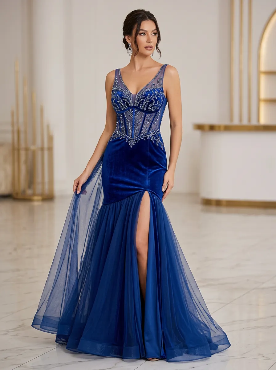 Women's Velvet Beaded Corset Tulle Slit Evening Gown