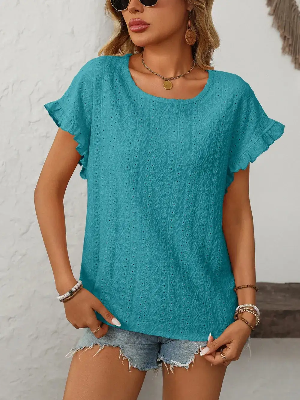 Mandy Eyelet Frill Round Neck Short Sleeve Top