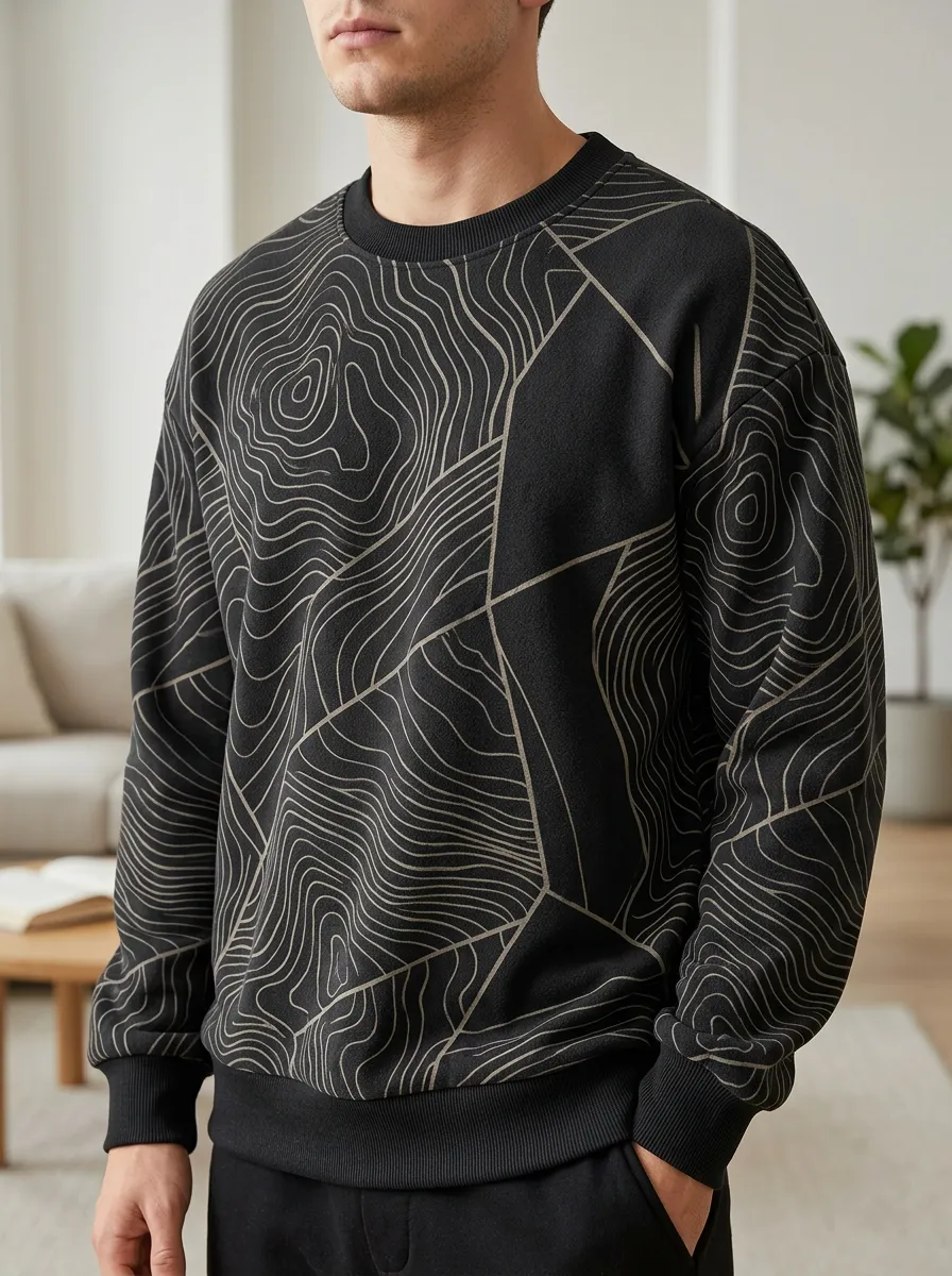 Men's Topographic Print Crewneck Sweatshirt Textured