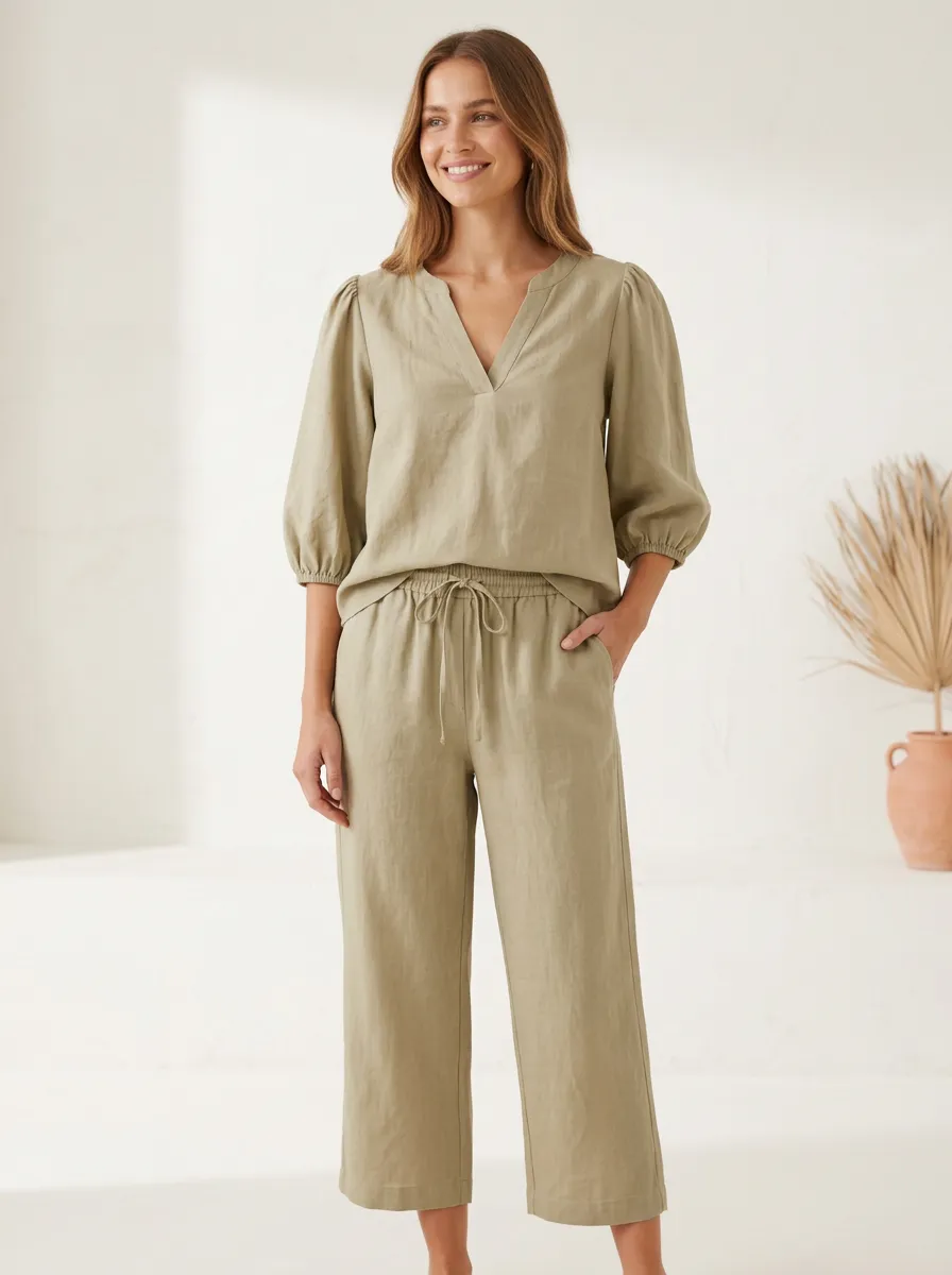 Puff-Sleeve Women's V-Neck Casual Lounge Set