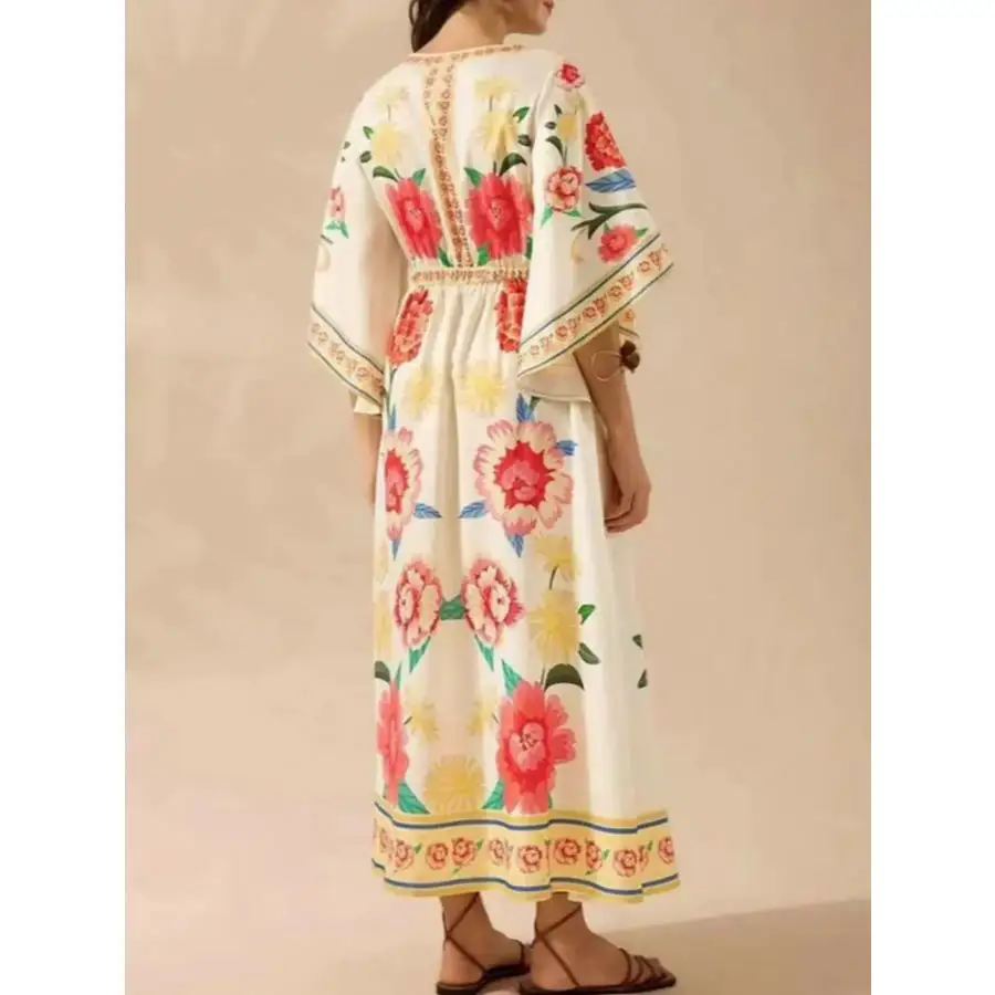 Palm Print V-neck Midi Dress