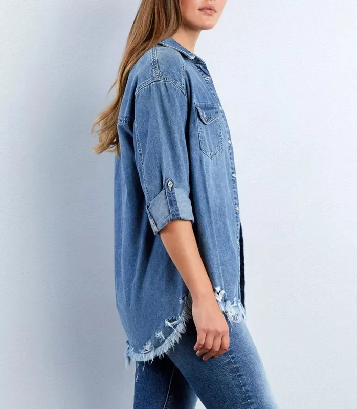 Frayed Hem Roll-Up Sleeve Denim Shirt
