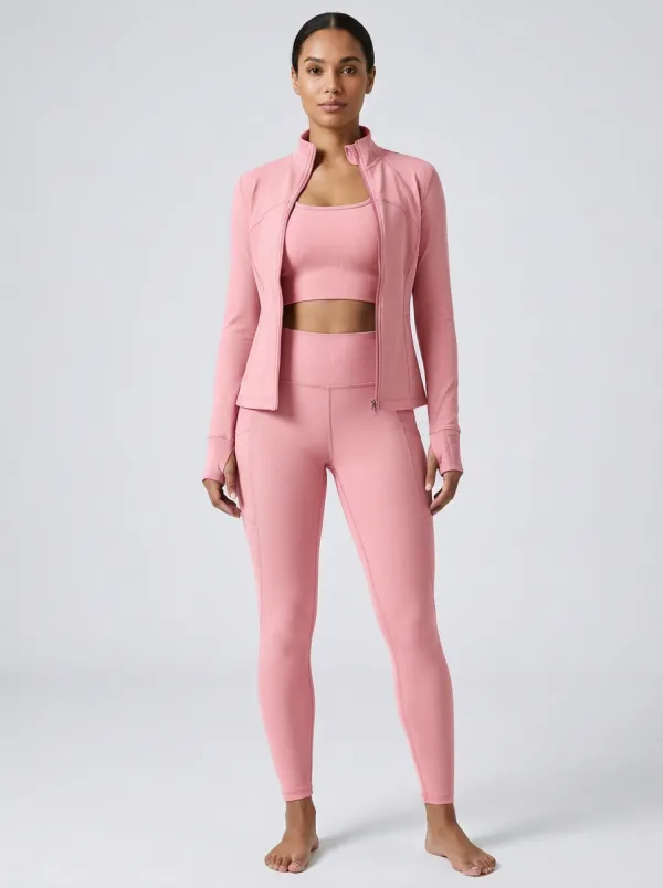 Utility Ribbed Texture Design Women's Three Piece Activewear Set