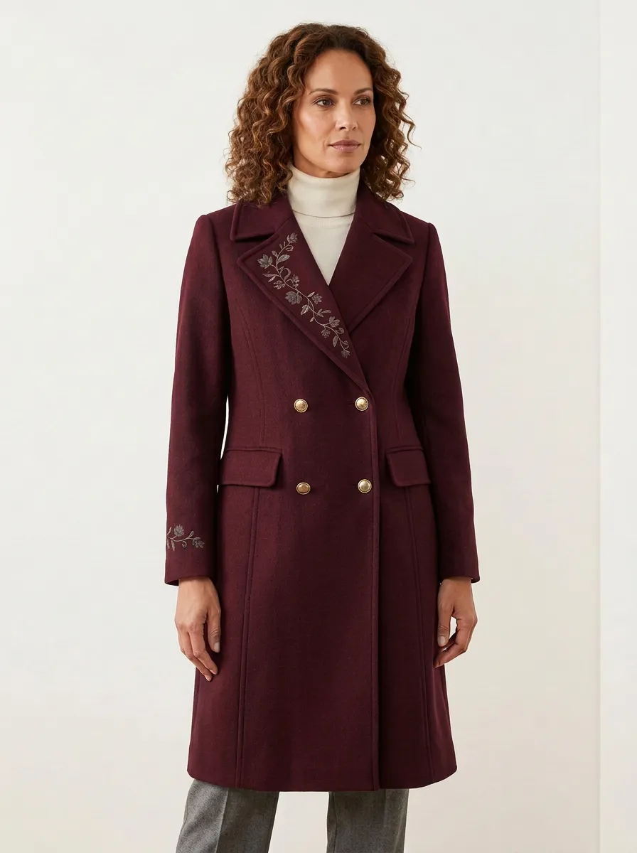 Women's Floral Embroidered Navy Blue Double-Breasted Wool Coat