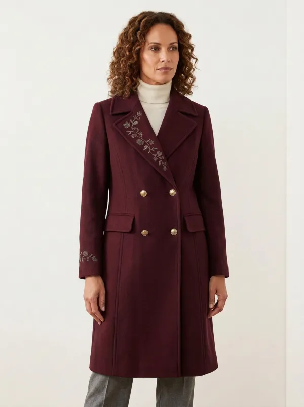 Women's Floral Embroidered Navy Blue Double-Breasted Wool Coat