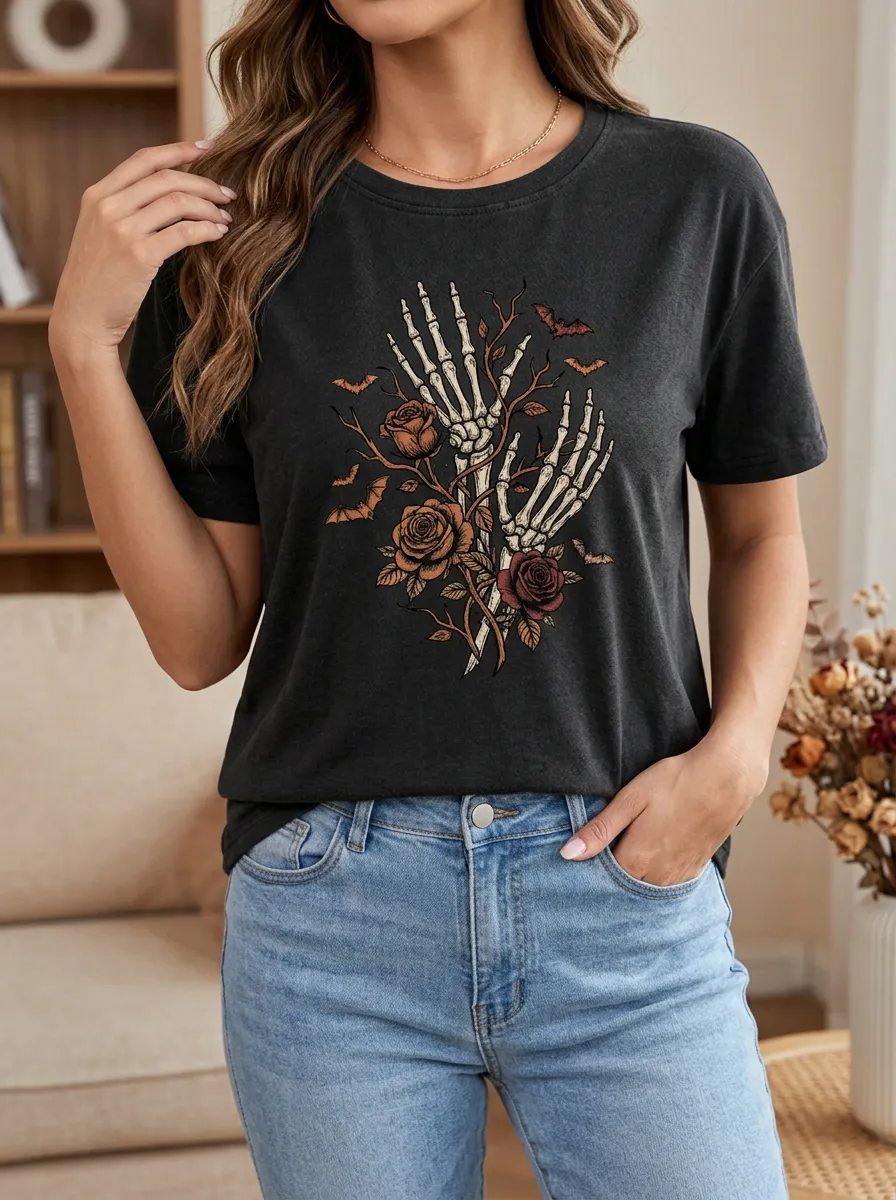 Women's Halloween Skeleton Hand Rose Bat Printed T-shirt