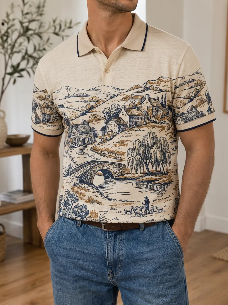 Men's Pastoral Landscape Village Printed Polo Shirt