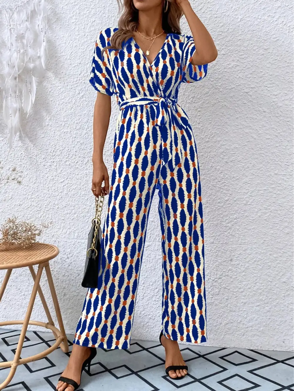 Printed Surplice Tie Waist Short Sleeve Shorts