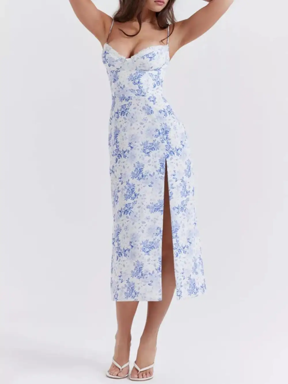 Lace Trim Slit Midi Dress