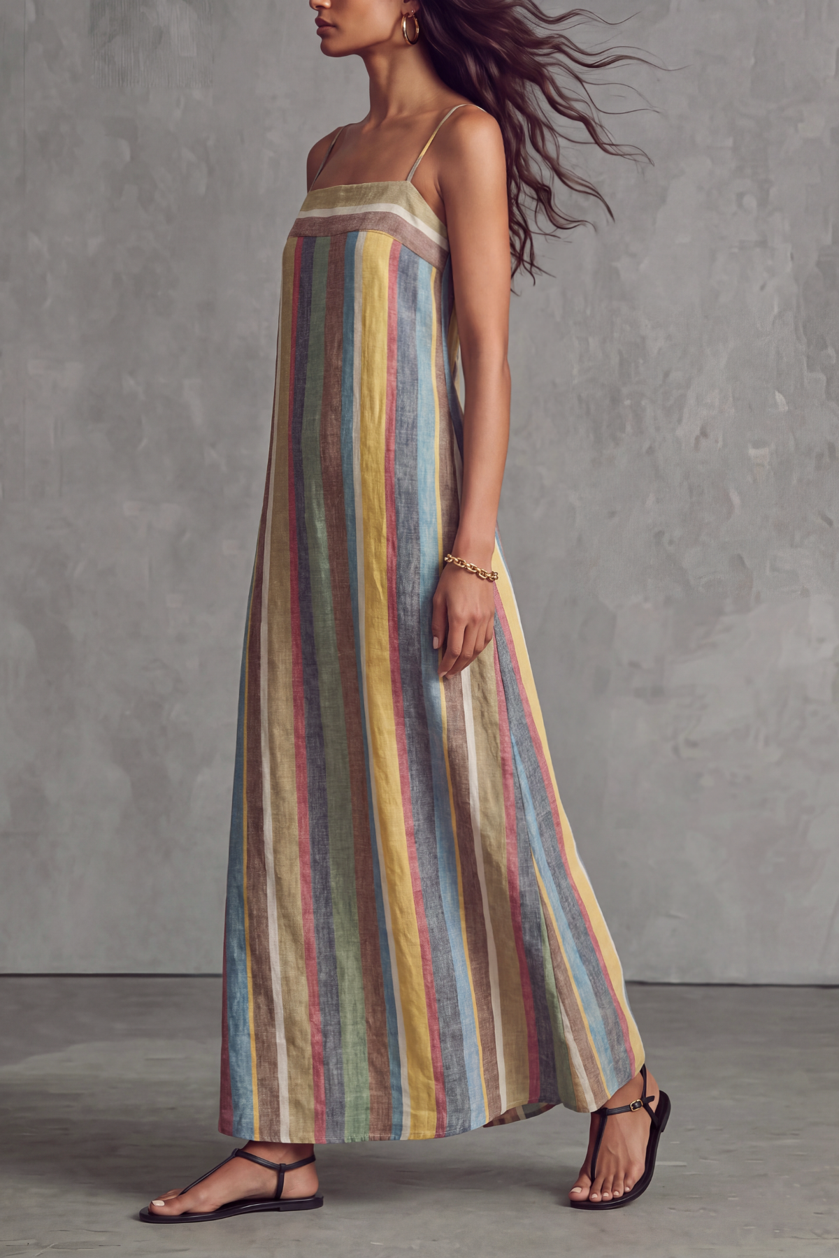Classic Spaghetti Strap Striped Midi Dress
