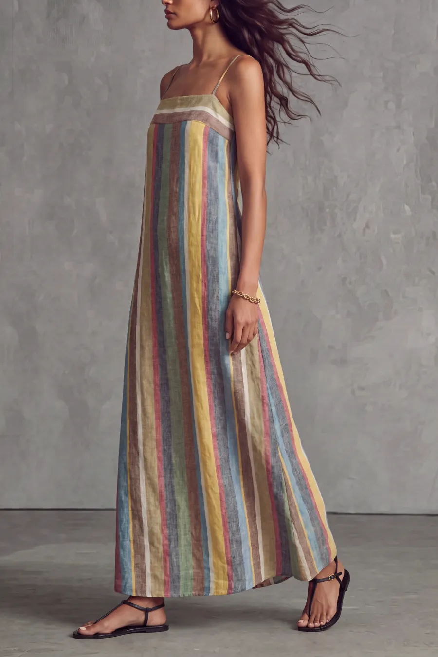 Classic Spaghetti Strap Striped Midi Dress