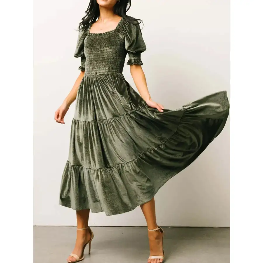 Velvet Smocked Tiered Midi Dress