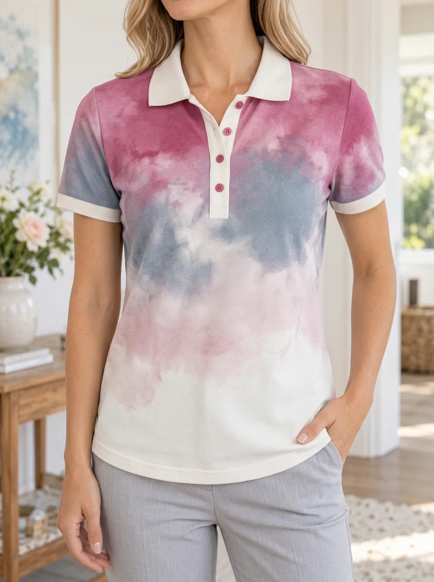 Women's Pink Blue Tie-Dye Pattern Printed Polo Shirt