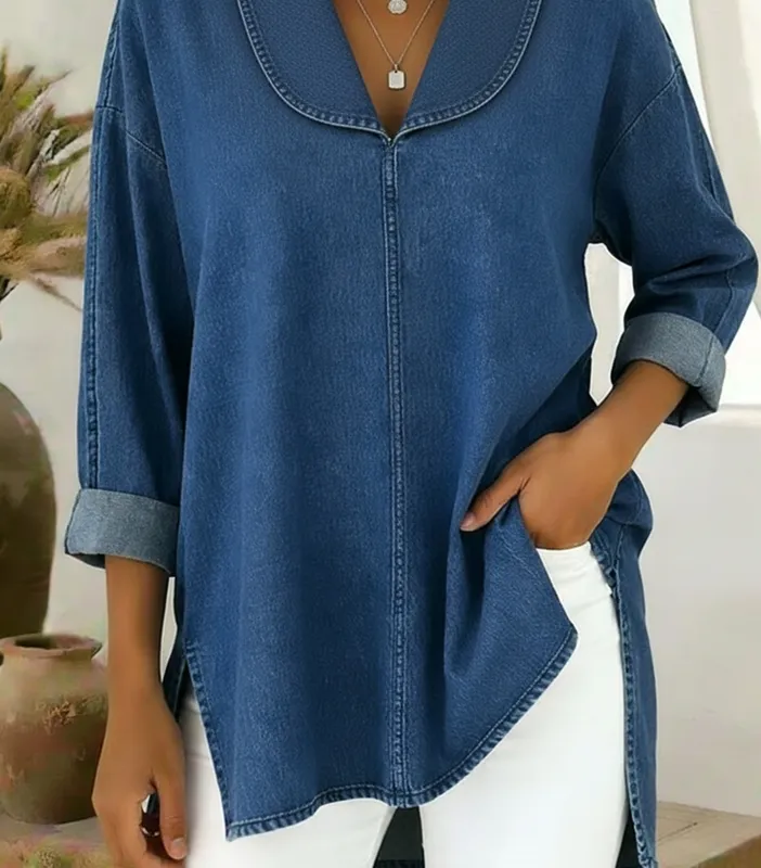 Retro Denim Top With Shawl Collar