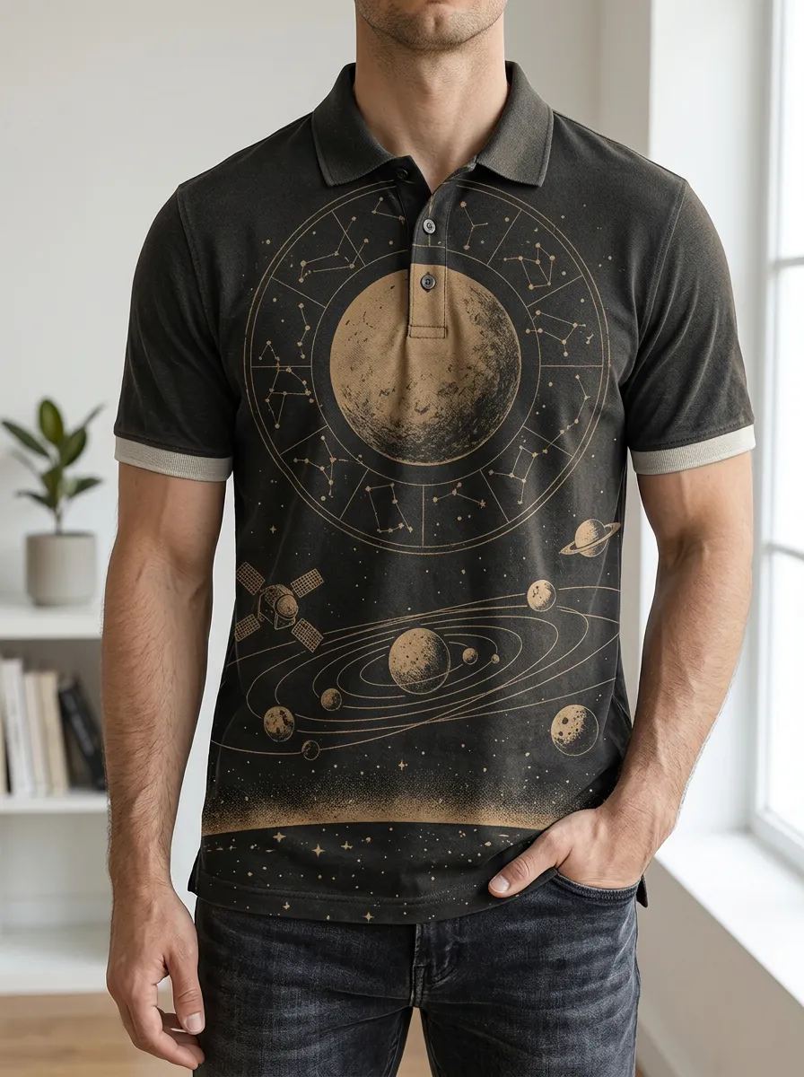 Men's Astronomy Lover Solar System Constellation Printed Polo Shirt