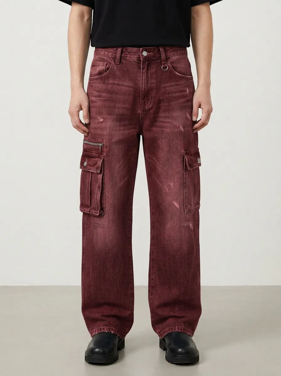 Men's Mid-Blue Distressed Mid Blue D-Ring Detail Cargo Pants