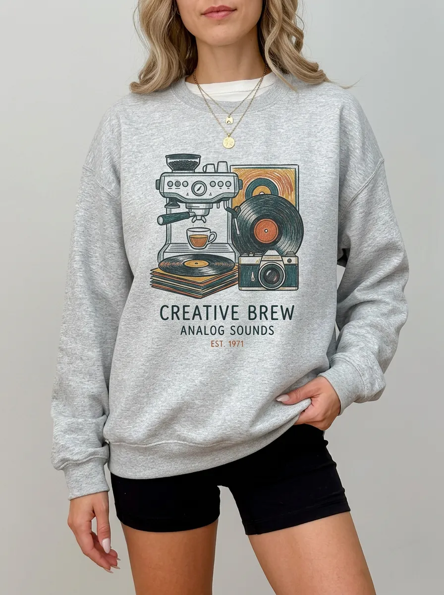 Women's Coffee Vinyl Record Camera Creative Brew Graphic Sweatshirt