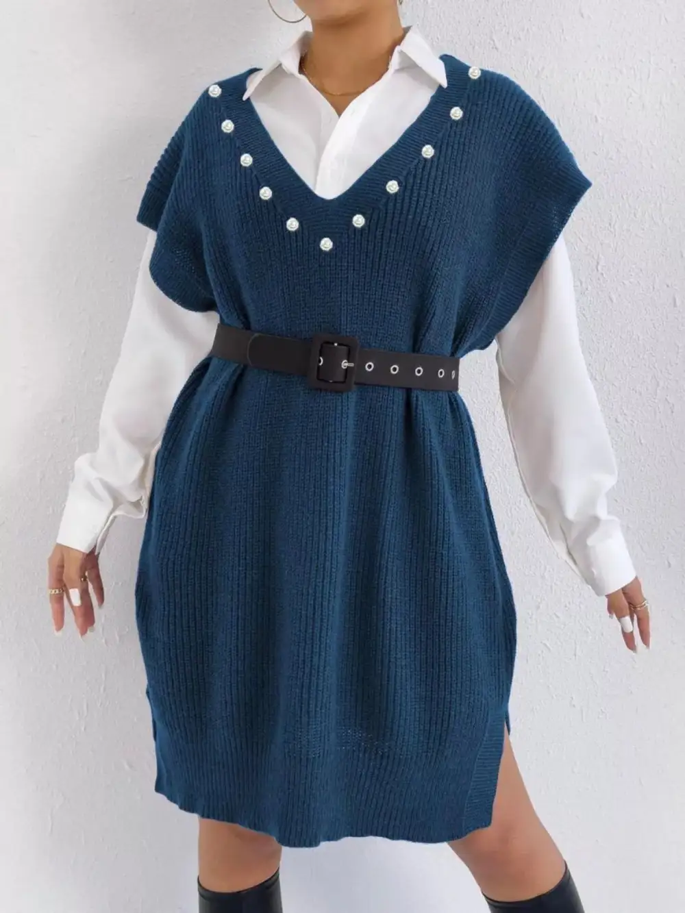 V Neck Slit Sweater Dress