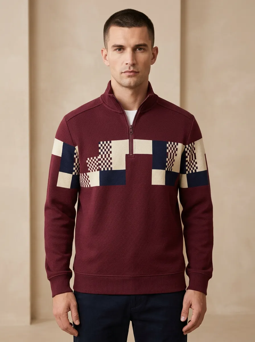 Half-Zip Checkered Geometric Men's Half-Zip Sweatshirt