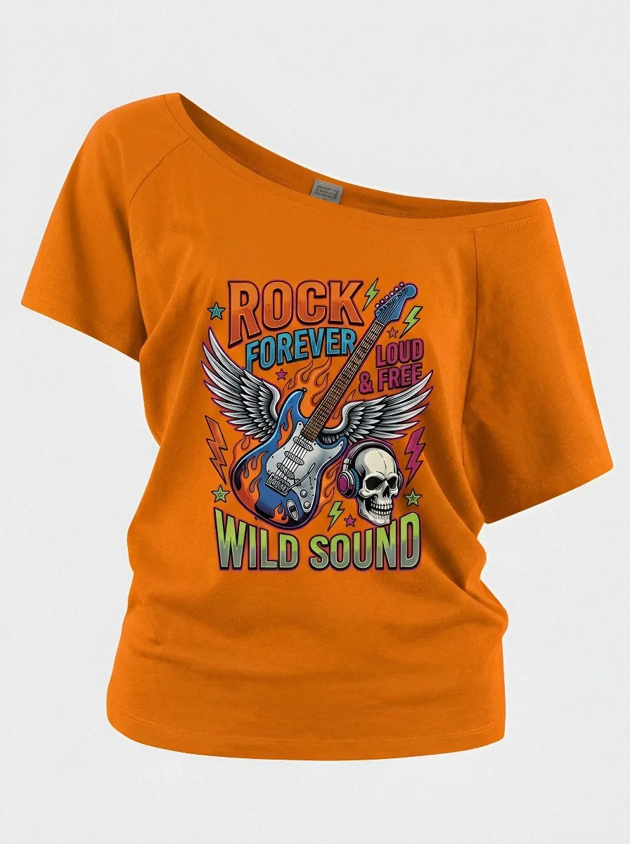 Women's Rock Music Lover Winged Guitar Skull Printed Top