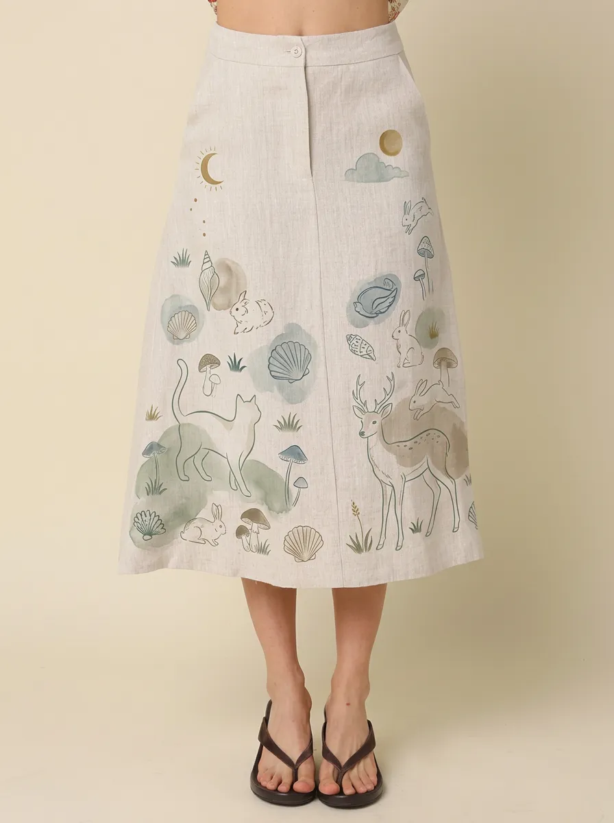 Women's Nature-Inspired Forest Animal Mushroom Printed Midi Skirt