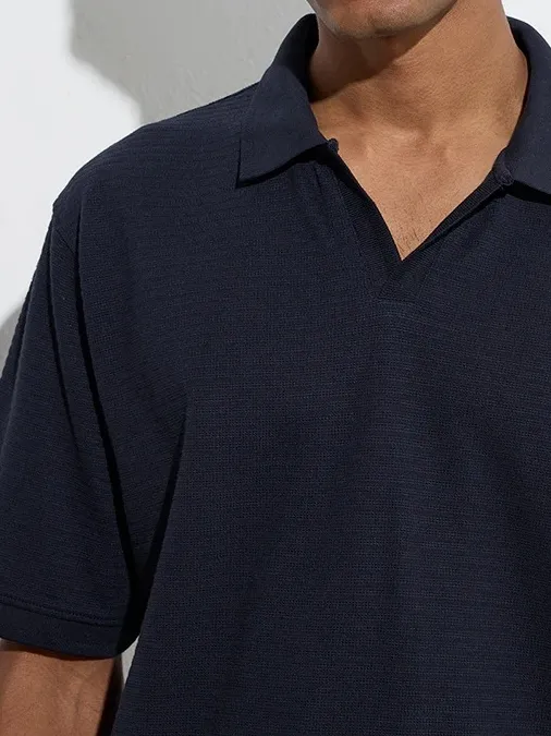 Navy Loose Cotton-Blend Polo T-Shirt