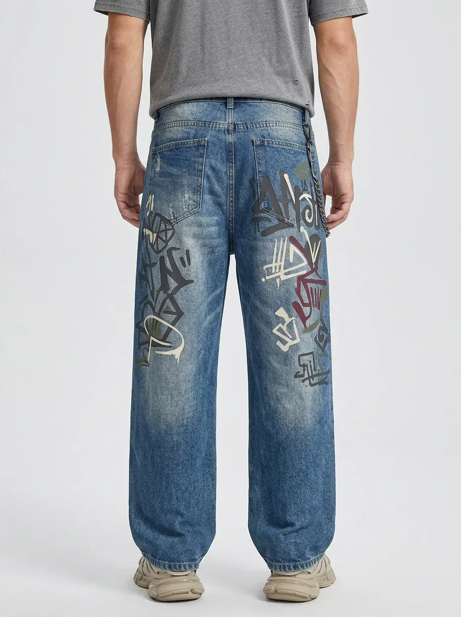 Unisex Contemporary Streetwear Graffiti Baggy Jeans