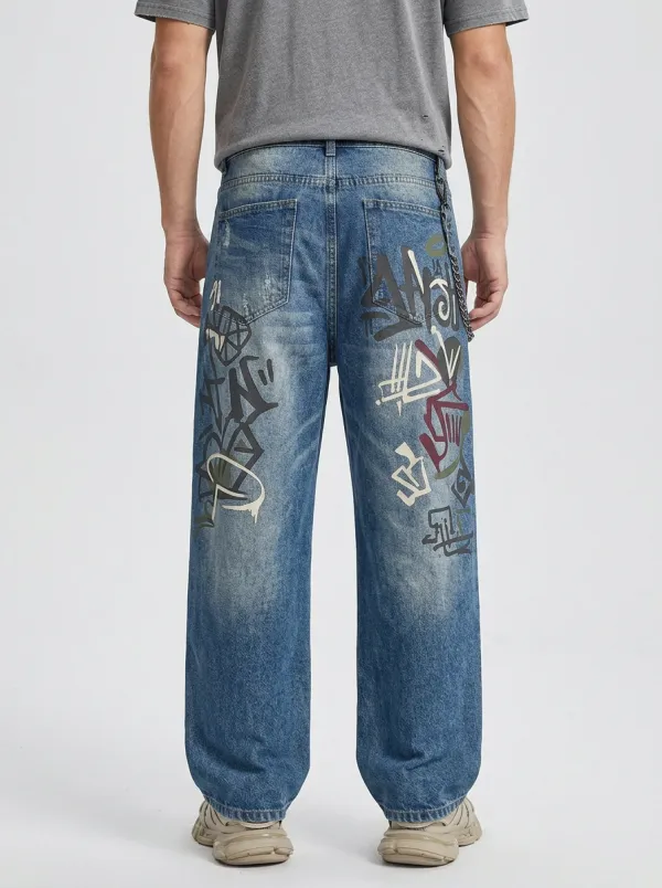 Unisex Contemporary Streetwear Graffiti Baggy Jeans