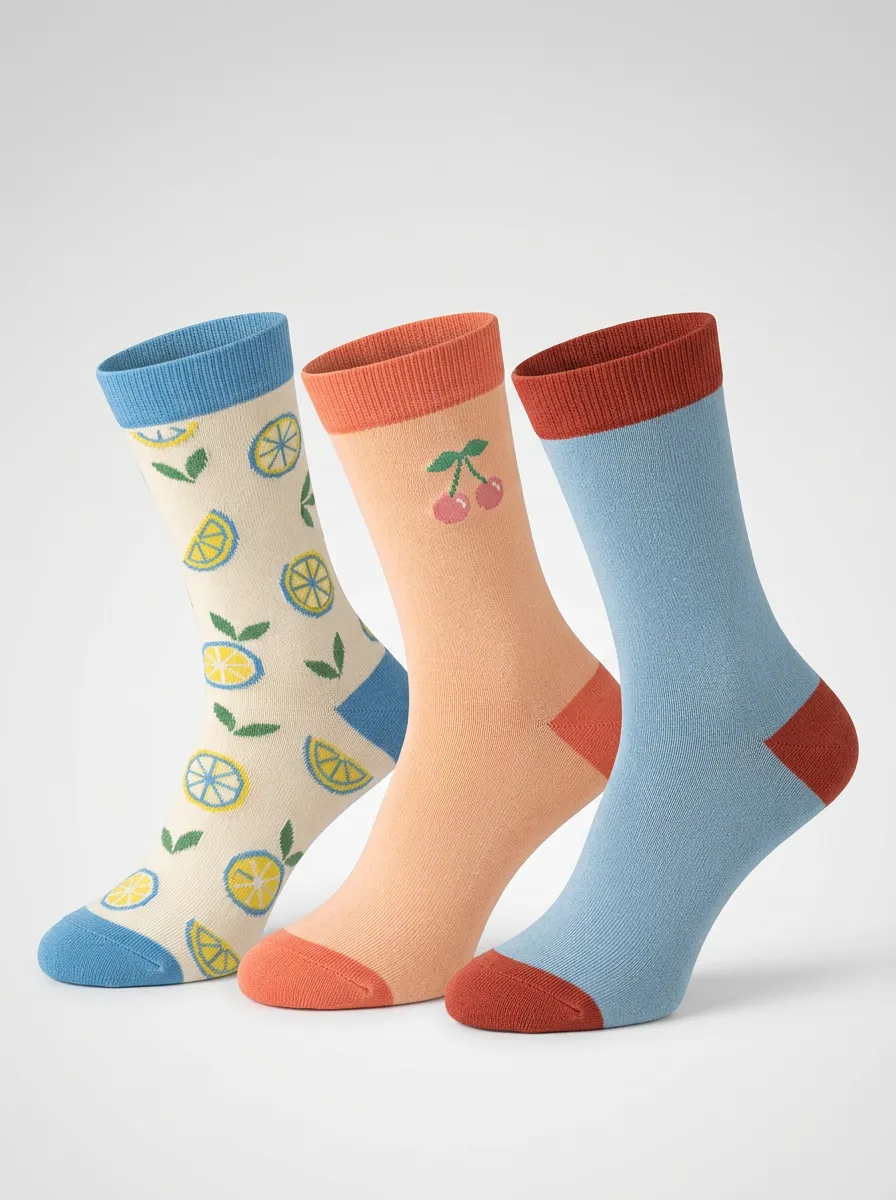 Outdoor Graphic Fruit Pattern 3-Pair Mid-Calf Athletic Socks