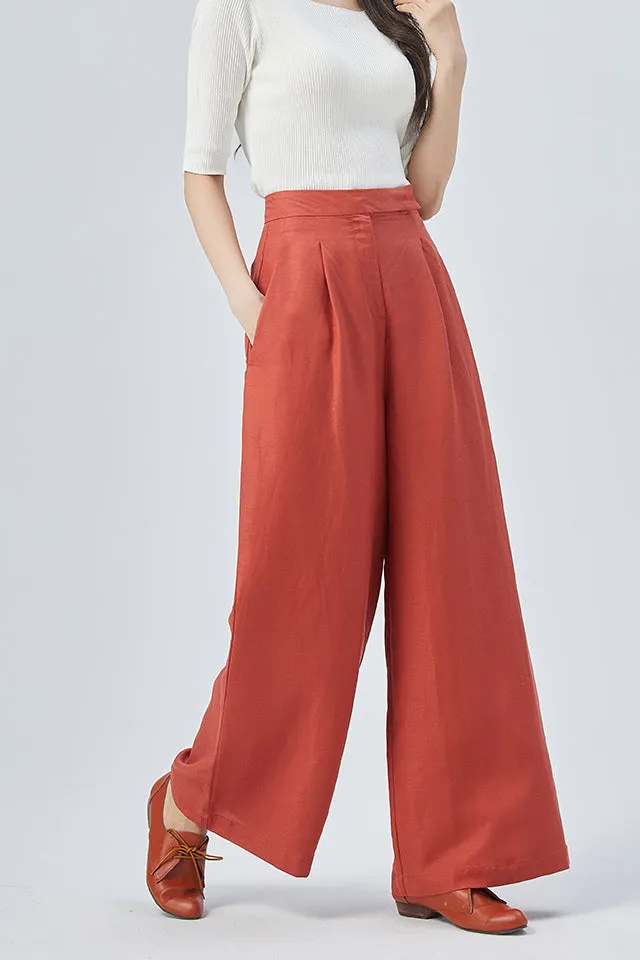 Structured Linen Wide Leg High Waist Pocketed Trousers
