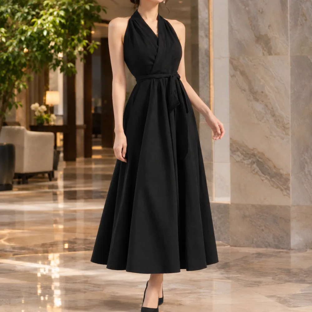 Classic Halter Neck Midi Dress