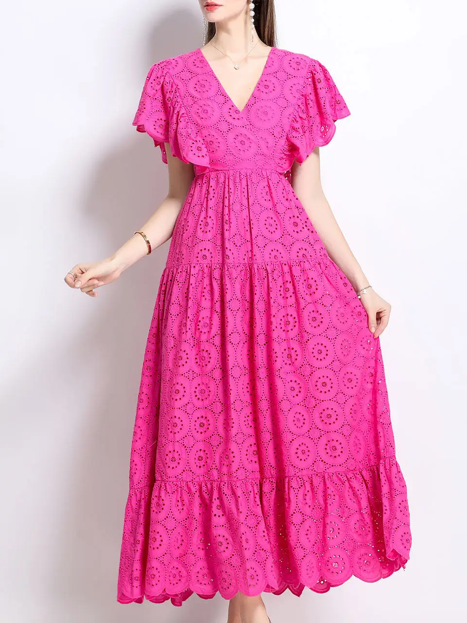Layered Embroidered V Neck Maxi Dress