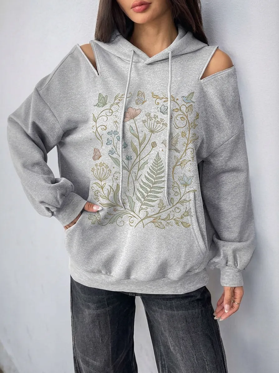 Women's Botanical Butterfly Floral Printed Cold Shoulder Hoodie