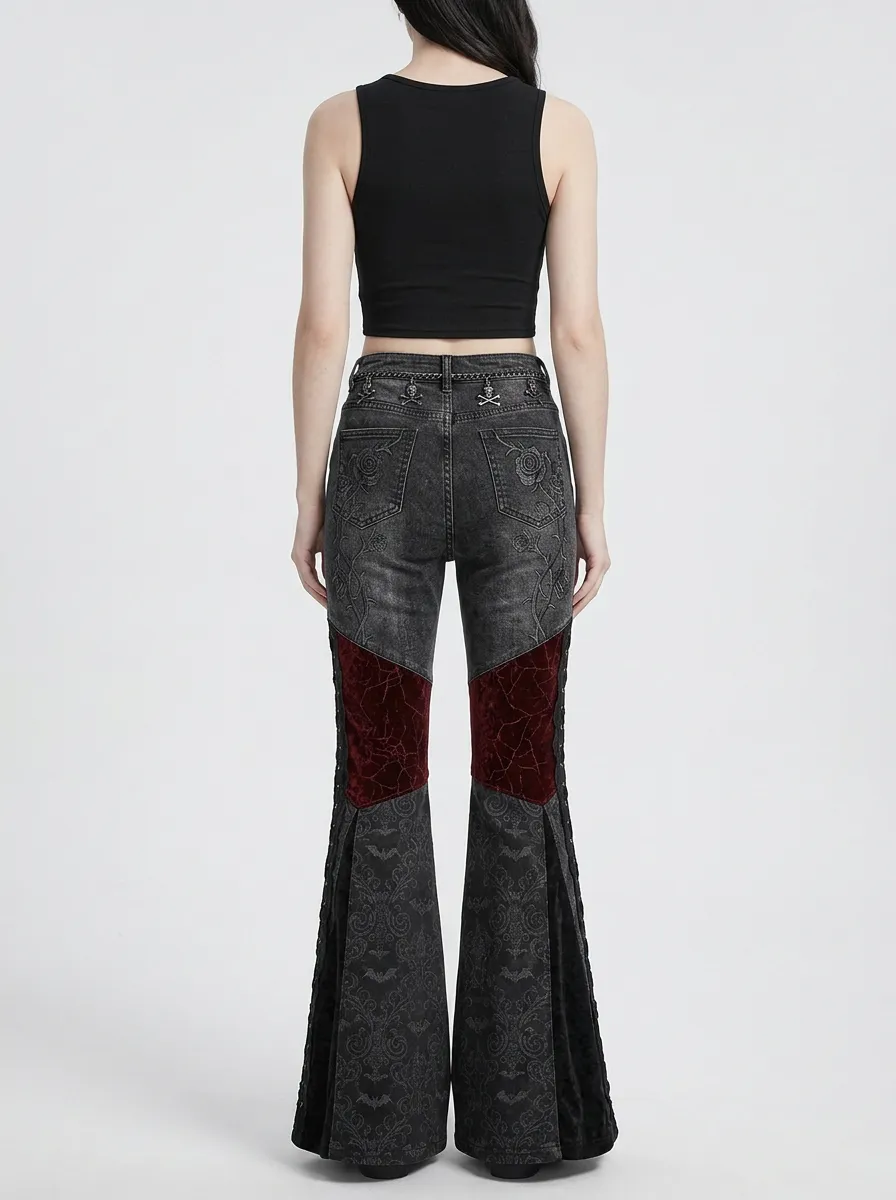 Dark Skull Rose Lace Profile Women's Gothic Flare Pants