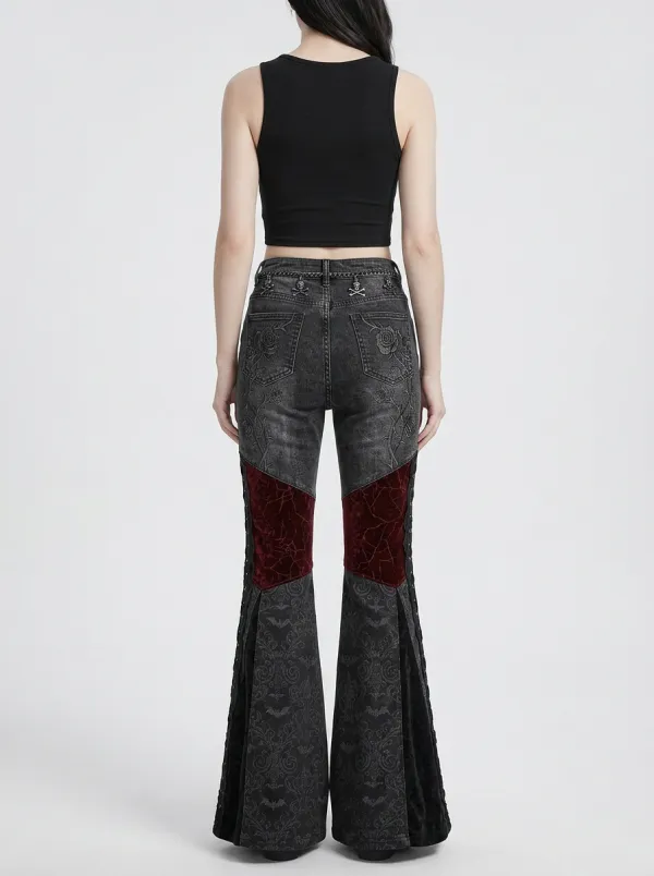Dark Skull Rose Lace Profile Women's Gothic Flare Pants
