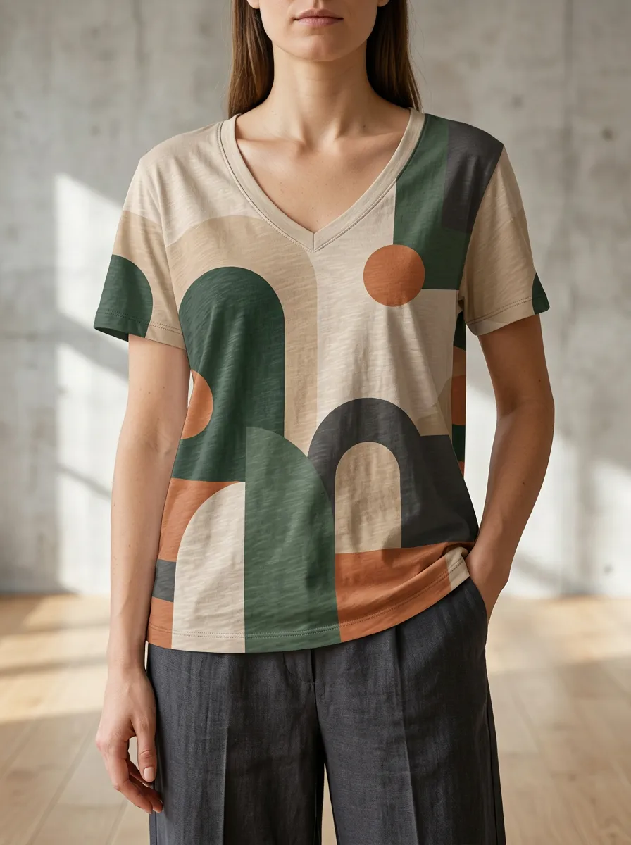 Women's Modern Abstract Geometric Art V-Neck T-Shirt